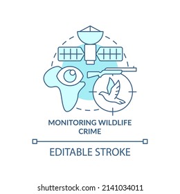 Monitoring wildlife crime turquoise concept icon. Space technology and climate change abstract idea thin line illustration. Isolated outline drawing. Editable stroke. Arial, Myriad Pro-Bold fonts used
