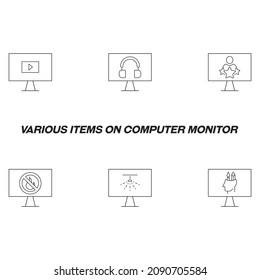 Monitores y concepto de pantalla de ordenador. Símbolos modernos de estilo plano. Juego de iconos de línea que incluyen iconos de la señal de parada, auriculares, rango, incendio, ducha, idea en el monitor del ordenador 
