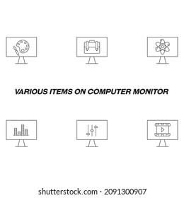 Monitors and computer screen concept. Modern symbols in flat style. Line icon set including icons of  pallette, backpack, molecule, sound bar, cine film on computer monitor 
