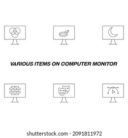 Monitors and computer screen concept. Modern symbols in flat style. Line icon set including icons of intersected circles, frying pan, The Moon, brick wall etc on computer monitor 
