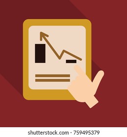 Monitors and hand in abstract concept with information analytics in flat style with shadow.