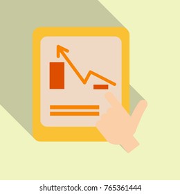 Monitors and hand in abstract concept with information analytics in flat style with shadow.