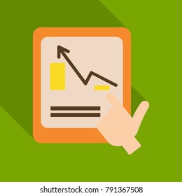 Monitors and hand in abstract concept with information analytics in flat style with shadow.
