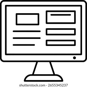 Una ilustración minimalista de estilo de Vector en blanco y negro de un monitor de computadora que muestra una interfaz de usuario. Enfatizar el diseño moderno, la tecnología y los datos