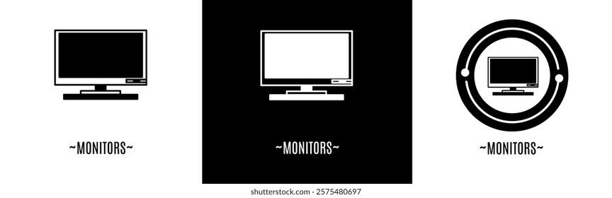 Monitors logo set. Collection of black and white logos. Stock vector.