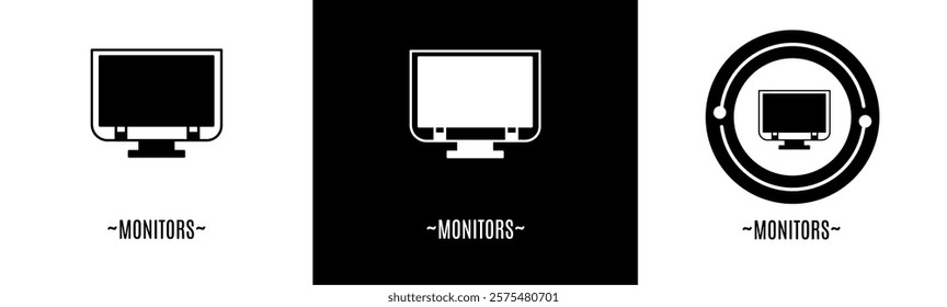 Monitors logo set. Collection of black and white logos. Stock vector.