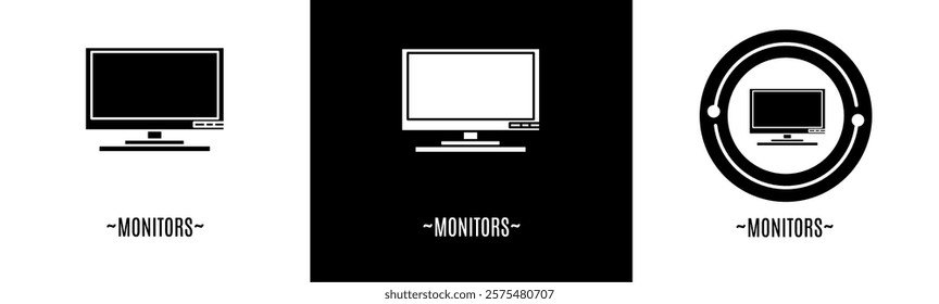 Monitors logo set. Collection of black and white logos. Stock vector.