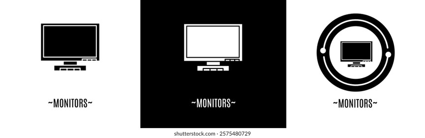 Monitors logo set. Collection of black and white logos. Stock vector.