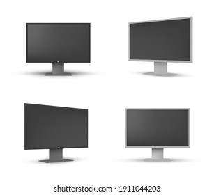 Monitors for pc or tv set realistic mock ups. Lcd led wide empty computer screens templates for ads, presentation, landing page, interior design. Front, three quater view. Vector monitors on white.