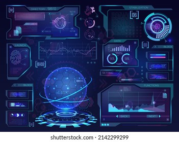 Los monitores y las pantallas intercambian información, estadísticas y datos útiles recopilados. Ilustración vectorial, pantalla con números y diagramas, sistema inteligente y electrónica futurista