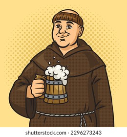 monk with beer mug pinup pop art retro vector illustration. Comic book style imitation.