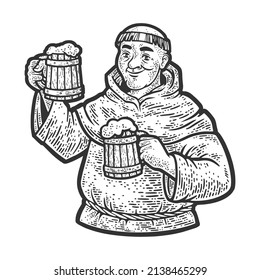 monk with beer mugs sketch engraving vector illustration. T-shirt apparel print design. Scratch board imitation. Black and white hand drawn image.