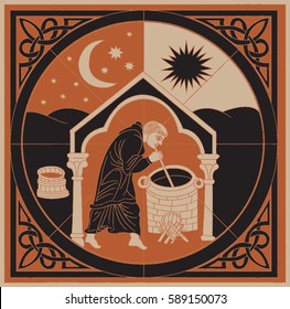 Monk brewing beer, medieval illustration