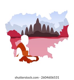 A monk in a cassock against a landscape and a temple in the shape of a map of Cambodia