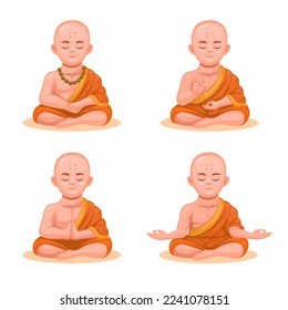 Monk character buddhist religion people set cartoon illustration vector