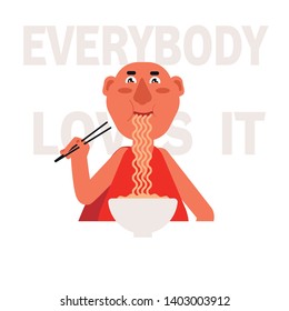 Monk character have noodles. Vector illustration on the theme of the reception of Asian food. Everybody loves it. Concept of Asian culture and cuisine.