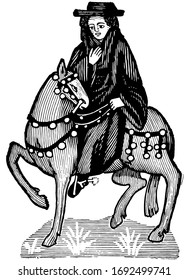 The Monk from Chaucer's Canterbury Tales, this picture shows The Monk riding on horse, vintage line drawing or engraving illustration