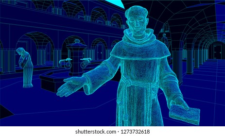 monk in the cloister of a monastery welcoming for spiritual retreat