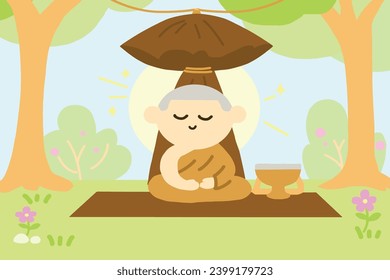 Monk doing vipassana meditation, digital illustration, cartoon style