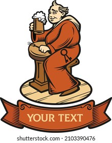 Monk drinking beer. Logo imitating engraving. Vintage style 