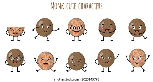 Monk fruit cute funny cheerful characters with different poses and emotions. Natural vitamin antioxidant detox food collection. Vector cartoon isolated illustration. Children concept.