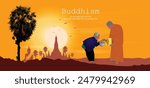 Monk going out for alms in the morning It is an activity that must be done in Buddhism, on the day of Buddhist Lent vector illustration background - Magha Puja, Asanha Puja, Vesak Puja Day