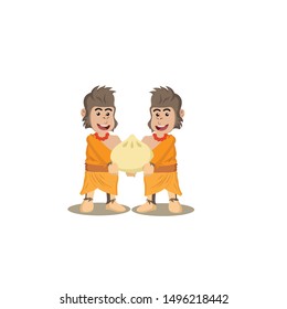 monk gorilla share food. vector illustration.
