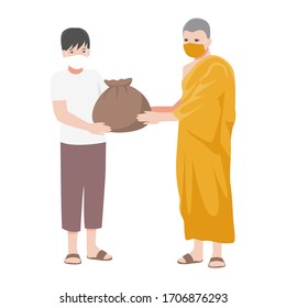 Monk help people by offering Survival bag to poor people and wearing a surgical protective Medical mask for prevent Coronavirus disease. Health care concept.