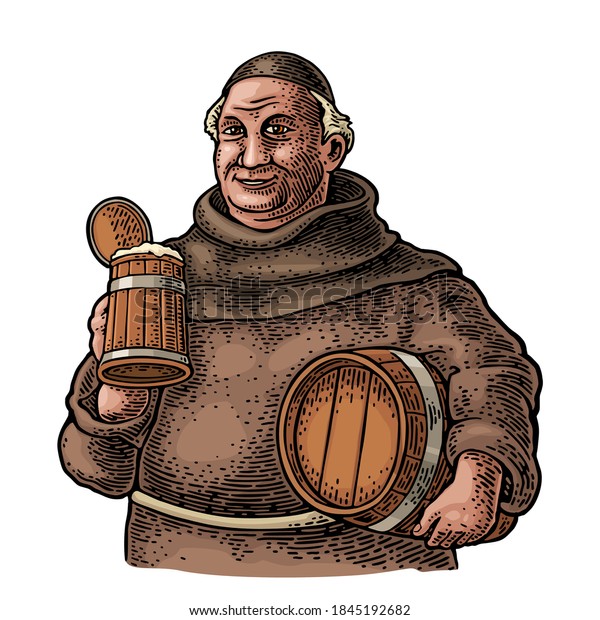 Monk holding wood beer mug and barrel. Vintage vector color engraving illustration for web, poster, invitation to party. Isolated on white background.