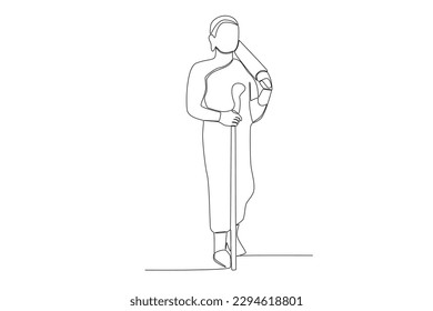 A monk holding a wooden staff. Monk one-line drawing