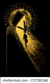 A monk in a hood radiating the light of faith, holding a cross in his hands, around him a bright luminous halo. 2d illustration