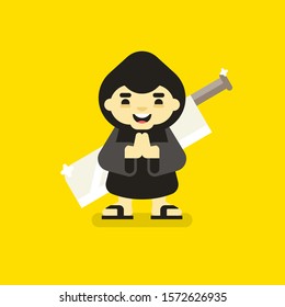 Monk in a hoodie with a hood, a sword and with folded
hands
hands