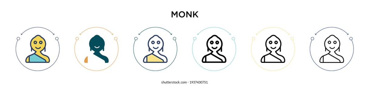 Mönchssymbol in voller, dünner Linie, Umriss- und Strichform. Vektorgrafik von zwei farbigen und schwarzen Mönch-Vektorgrafiken-Designs kann für mobile, iPhone-, web-basierte