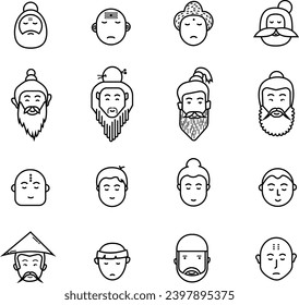 Conjunto de vectores de iconos monjes. Íconos de Buda, rishi muni hindú, monje shaolín y santos de varias religiones. Estroque de vectores editable.