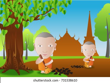 monk keep cleaning leaves in temple area a routine of Buddhism monk in cartoon bubble head style,vector illustration