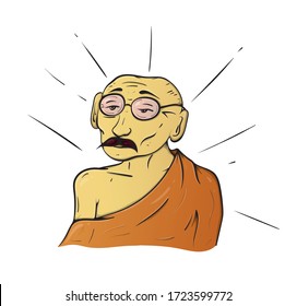 Monk Man with a mustache sits calmly in glasses, in orange cloth and looks forward. Vector illustration