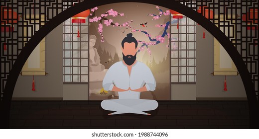 A monk meditates in a Japanese-style room. A samurai practicing meditation or yoga. Cartoon style. Vector illustration.