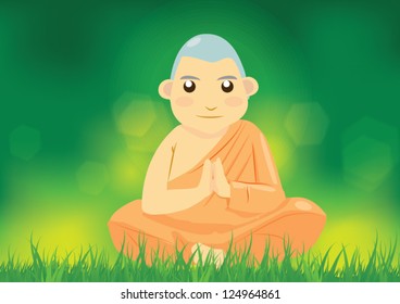 Monk meditating in grass fields