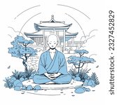 A monk meditating peacefully in a serene temple garden, vector illustration