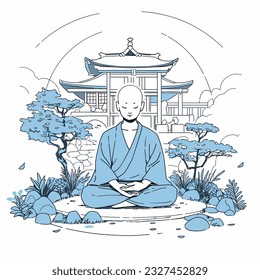 A monk meditating peacefully in a serene temple garden, vector illustration