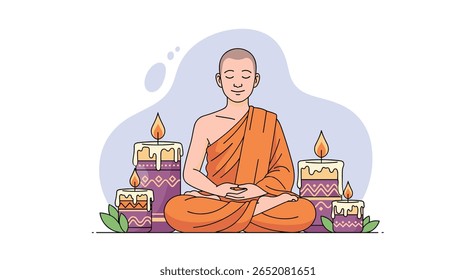Monk meditating surrounded by lit candles in serene spiritual practice