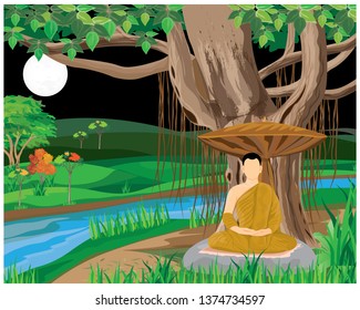 the monk meditation in forest vector design