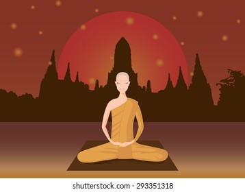 monk meditation in front of old temple, horizontal.