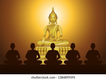 monk meditation in front of sculpture of Buddha to train mind and to be out of suffer in church of temple with faith,vector illustration