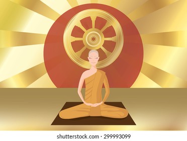 monk meditation in front of  the wheel of the law on gold blckground., horizontal.