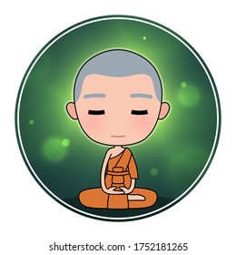 Monk meditation in green peace nature with gold light circle.