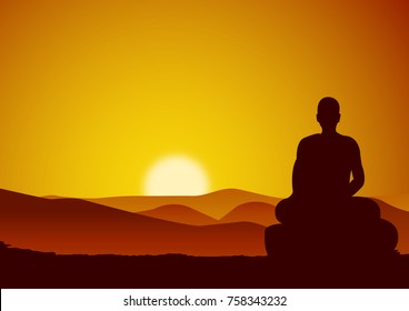 monk meditation sit on mountain face to mountain while sun at horizontal line and valley,vector illustration