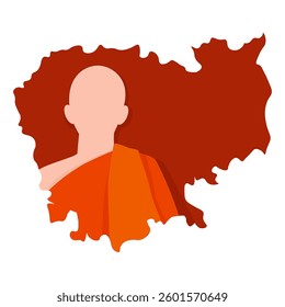 A monk in an orange robe against the backdrop of a silhouette map of Cambodia