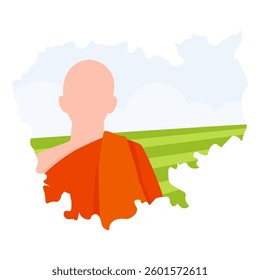 A monk in an orange robe against the background of a silhouette map of Cambodia and a landscape of fields and sky