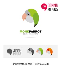 Monk parrot bird concept icon set and modern brand identity logo template and app symbol based on comma sign